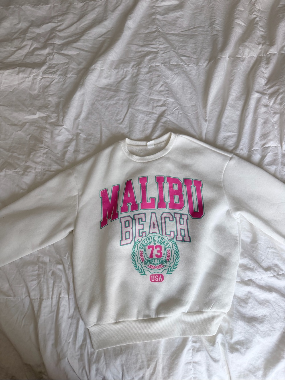 Malibu Beach Graphic Sweatshirt - White with Pink & Teal